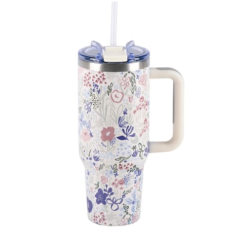 Blue Floral Travel Mug - Stainless Steel, Plastic
