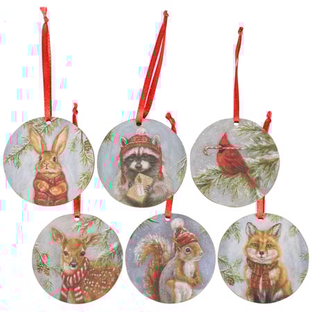 Winter Animal Mini Ornament Set - Wood, Paper, Ribbon