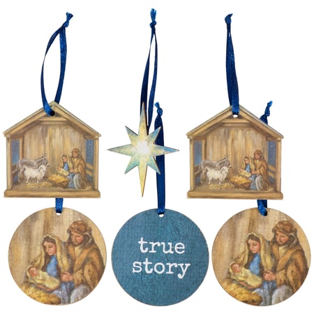 Nativity True Story Mini Ornament Set - Wood, Paper, Ribbon