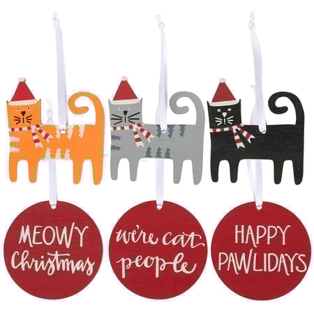 Cat Mini Ornament Set - Wood, Ribbon