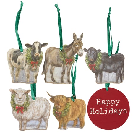 Christmas Animal Mini Ornament Set - Wood, Paper, Ribbon