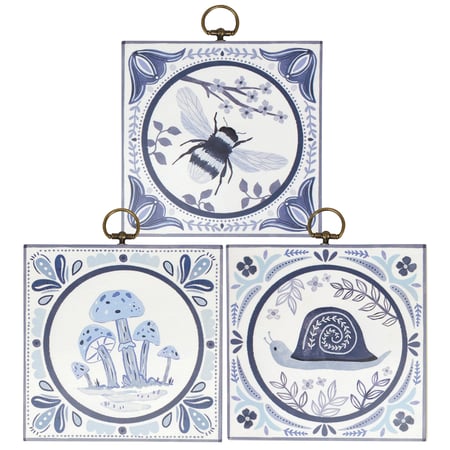 Indigo Tile Hanging Decor Set - Wood, Metal