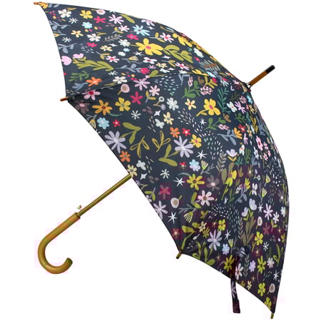 Dark Floral Umbrella - Pongee, Wood, Fiberglass, Metal