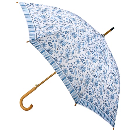 Blue Florals Umbrella - Pongee, Wood, Fiberglass, Metal