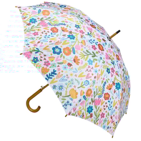 White Floral Umbrella - Pongee, Wood, Fiberglass, Metal