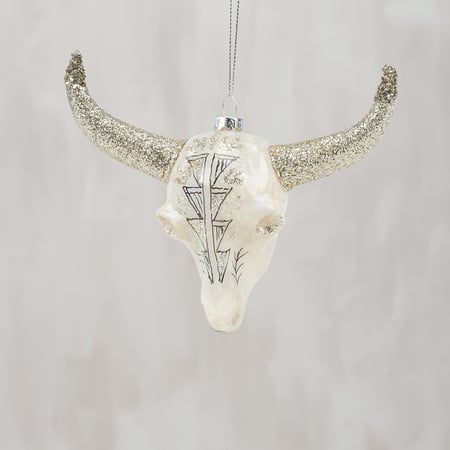 Bull Skull Glass Ornament - Glass, Resin, Metal, Glitter