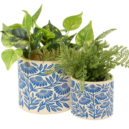 Blue Folk Art Planter Set - Terracotta