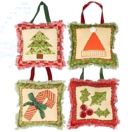 Christmas Quilt Ornament Set - Cotton, Ribbon, Plastic