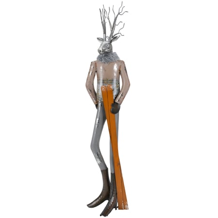 Skier Reindeer Sitter - Metal, Faux Fur, Glitter
