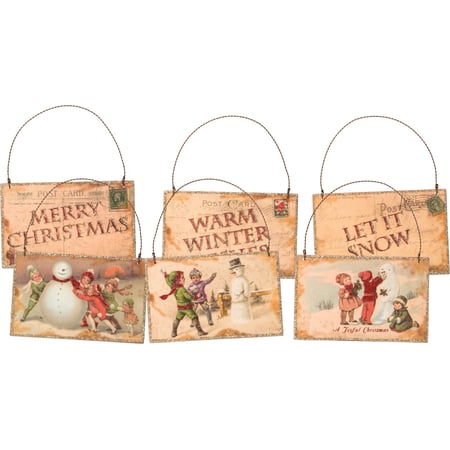 Snow Postcards Ornament Set - Wood, Paper, Wire, Glitter