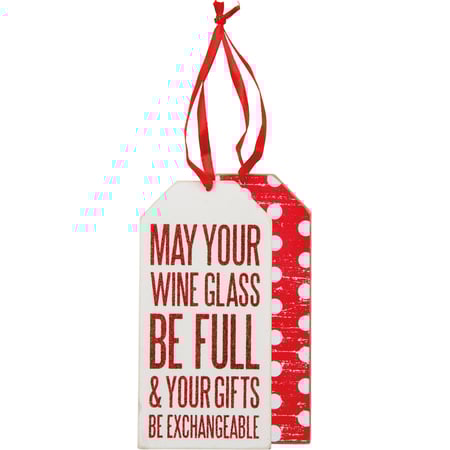 Wine Glass Bottle Tag - Wood, Ribbon, Glitter