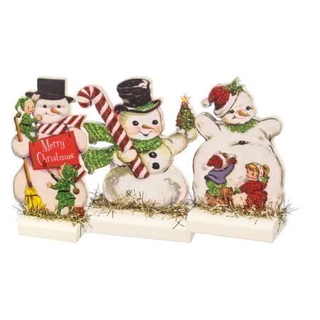 Retro Snowmen Stand Up Set - Wood, Paper, Tinsel, Glitter