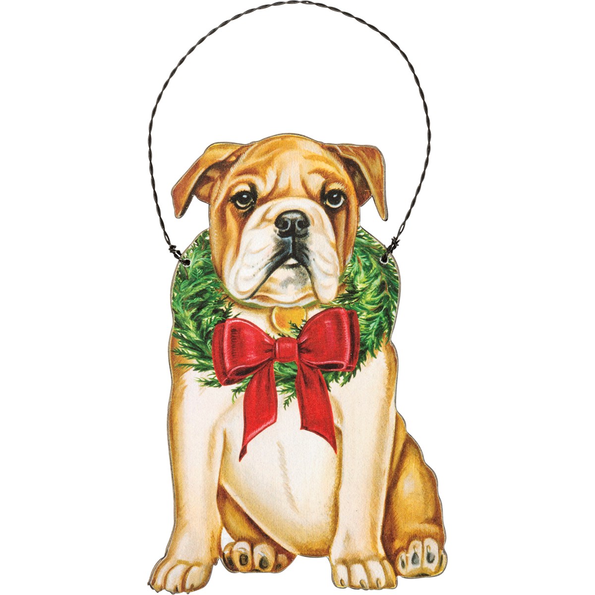 Christmas Bulldog Ornament - Wood, Paper, Wire