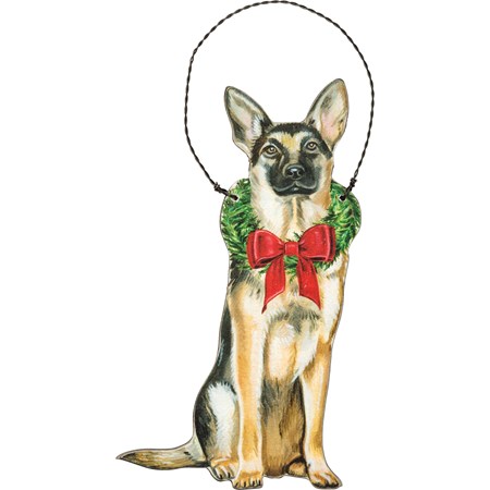 Ornament - Christmas German Shepherd - 3" x 5" - Wood, Paper, Wire
