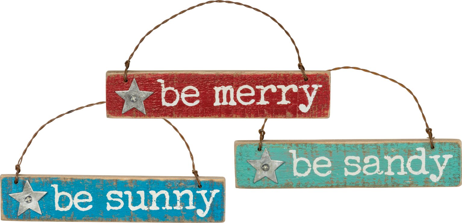 Primitives by Kathy Hanging Wooden Christmas Ornament Set Sandy & Sunny Be Merry