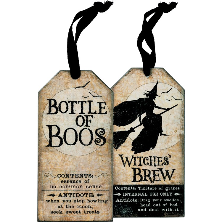 Witches Brew Bottle of Boos Bottle Tag - Wood, Paper, Cotton, Glitter