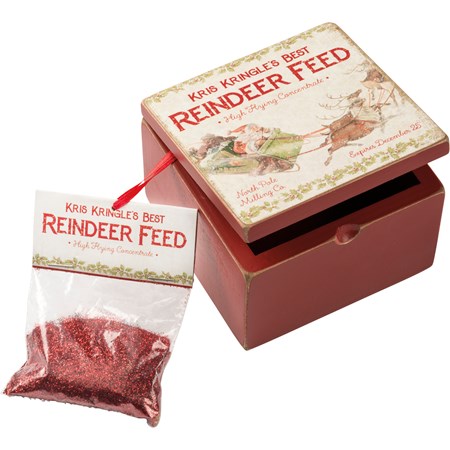 Hinged Box - Reindeer Feed - 4" x 4" x 2.75" - Wood, Paper, Metal, Glitter, Ribbon