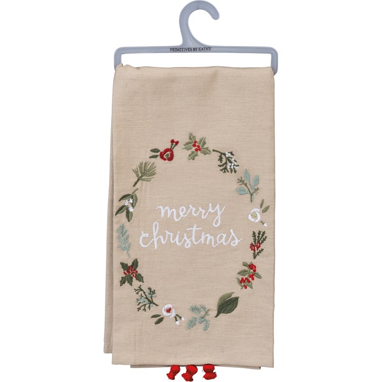 Merry Christmas Embroidered Kitchen Towel - Cotton, Linen