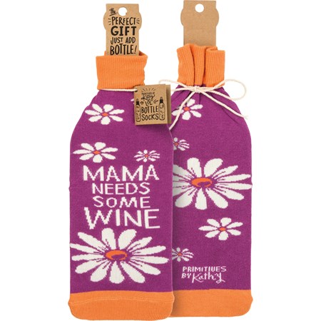 Bottle Sock - Mama Needs Some Wine - 3.50" x 11.25", Fits 750mL to 1.5L bottles - Cotton, Nylon, Spandex
