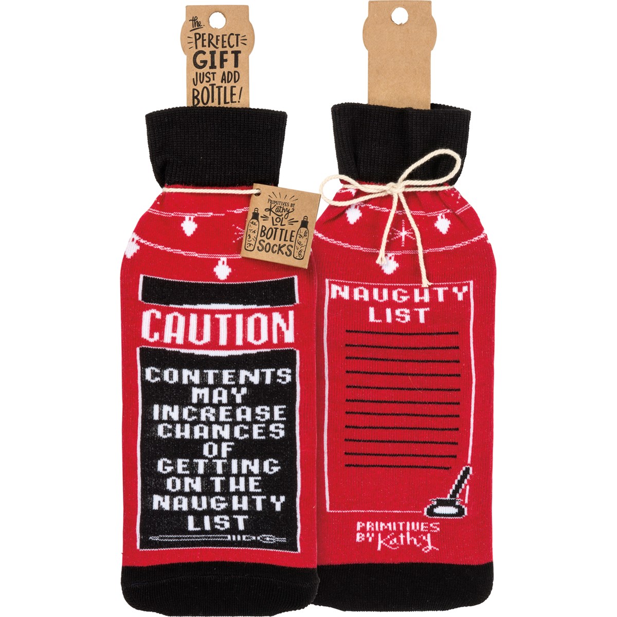 Naughty List Caution Bottle Sock - Cotton, Nylon, Spandex