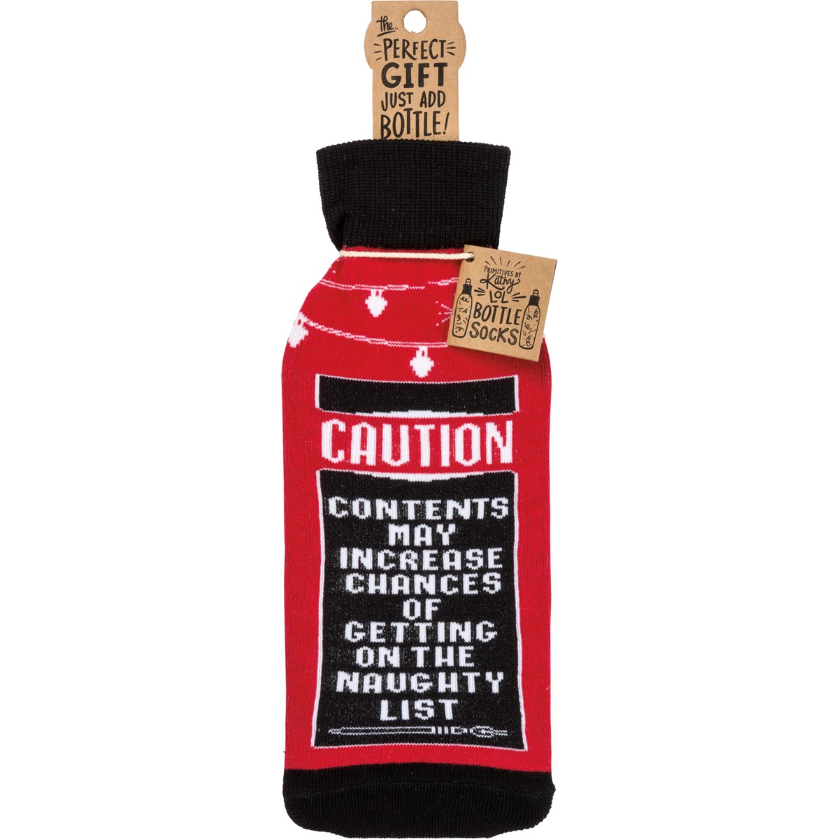 Naughty List Caution Bottle Sock - Cotton, Nylon, Spandex