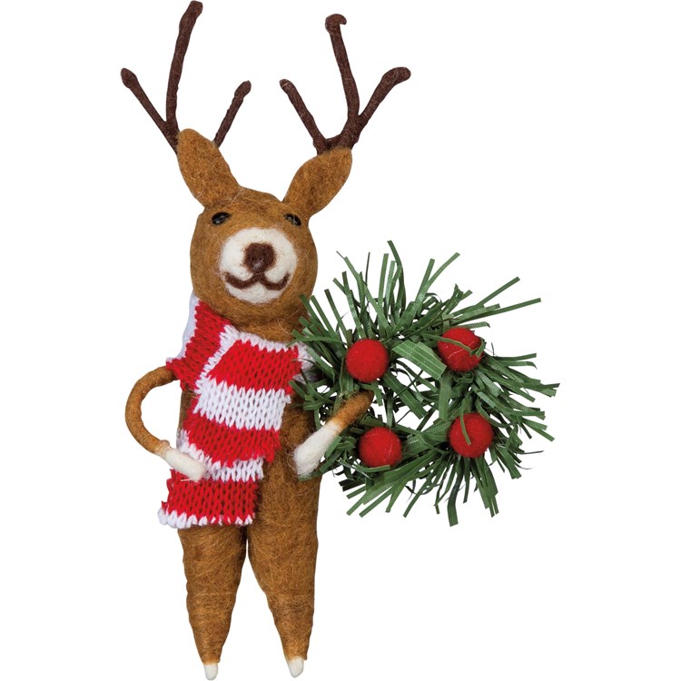 Reindeer And Wreath Critter - Wool, Polyester, Plastic