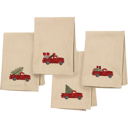 Napkin Set - Red Truck With Tree - 15" x 15" - Cotton, Linen