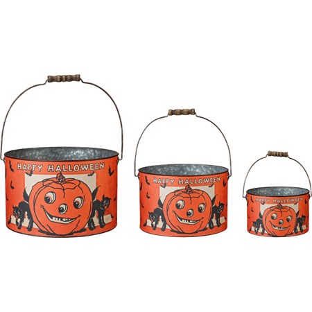 Bucket Set - Happy Halloween - 11.50" Diameter x 7.25", 9.25" Diameter x 6.25", 7.50" Diameter x 4.75" - Metal, Paper, Wood