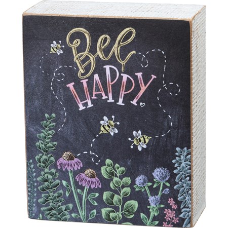 Chalk Sign - Bee Happy - 4" x 5" x 1.75" - Wood, Paper