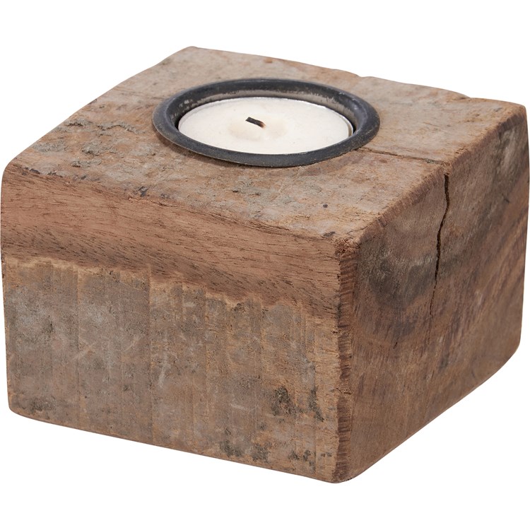 Candle Holder - Wood Block - 4" x 2.50" x 2" - Wood, Metal