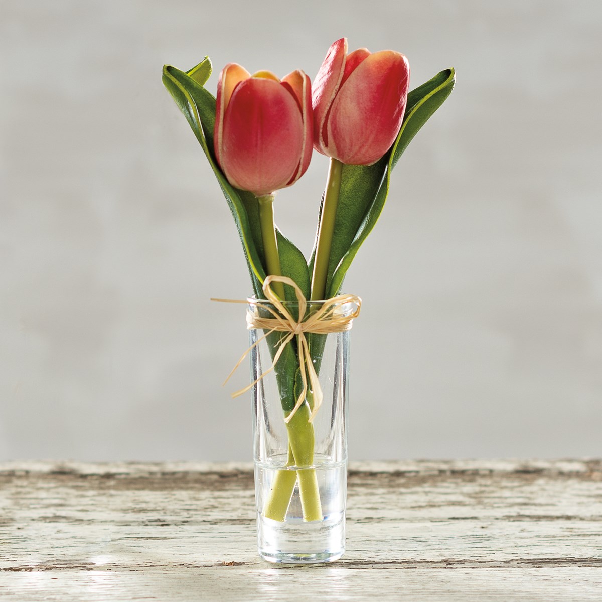 Vase - Red Mini Tulip - 6" x 8.50" x 6" - Glass, Plastic, Fabric, Wire