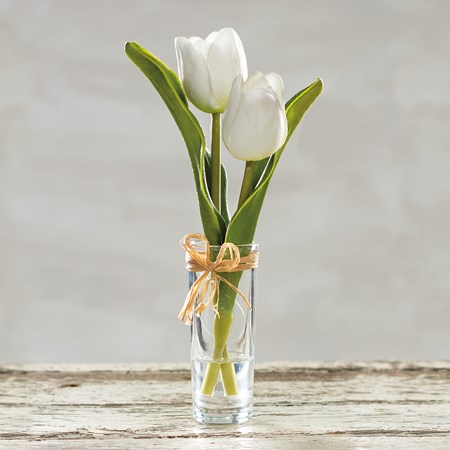 Vase - Cream Mini Tulip - 6" x 8.50" x 6" - Glass, Plastic, Fabric, Wire