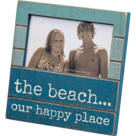Slat Plaque Frame - The Beach Our Happy Place - 6" x 6" x 0.25", Fits 5" x 3" Photo - Wood, Glass, Metal