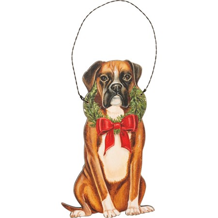 Ornament - Christmas Boxer - 3.25" x 5.25" - Wood, Paper, Wire
