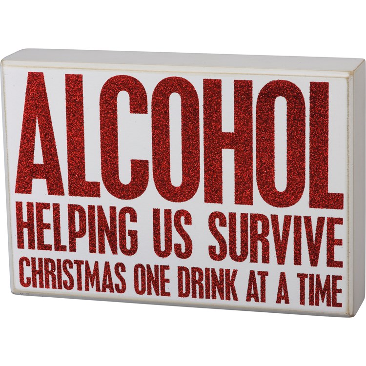 Survive Christmas One Drink At A Time Box Sign - Wood, Glitter
