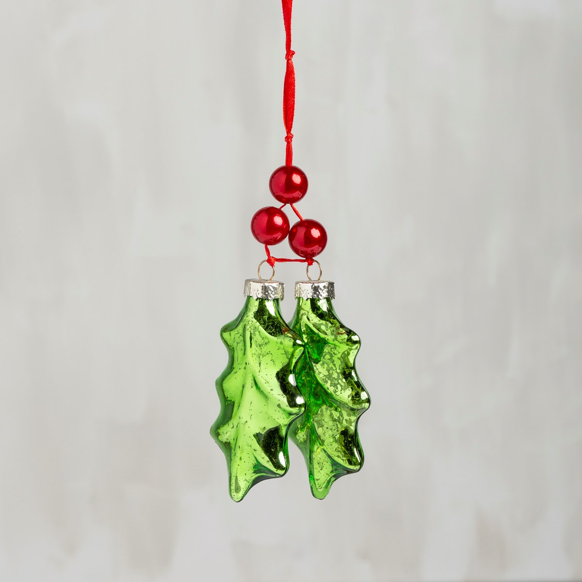 Holly Leaves Glass Ornament - Glass, Metal, Ribbon