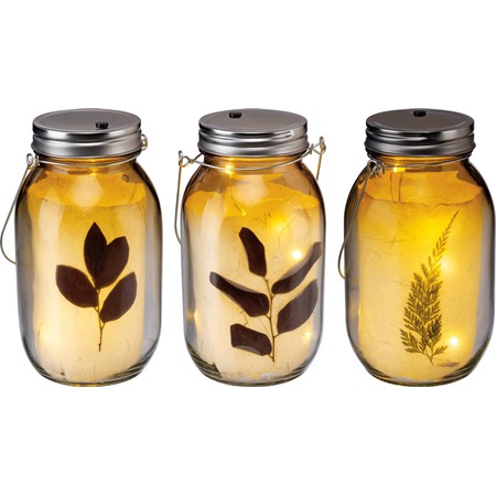 Jar Light Set  - Botanical - 6.75" Tall, 10 Lights - Glass, Lights, Paper, Metal, Natural Foliage