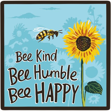 Coaster - Bee Kind Bee Humble Bee Happy - 4" x 4" x 0.25" - Stone, Cork