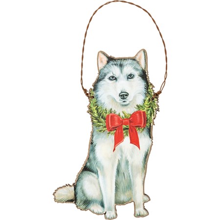 Ornament - Christmas Husky - 3.50" x 5.25" - Wood, Paper, Wire