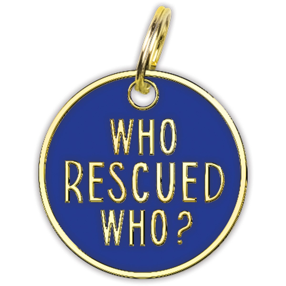 Collar Charm - Who Rescued Who - Charm: 0.75" Diameter, Card: 3" x 5" - Metal, Enamel, Paper