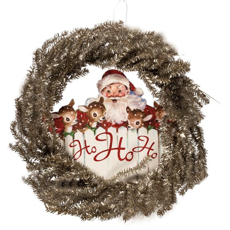 Retro Santa Tinsel Wreath - Wood, Paper, Tinsel, Wire, Glitter