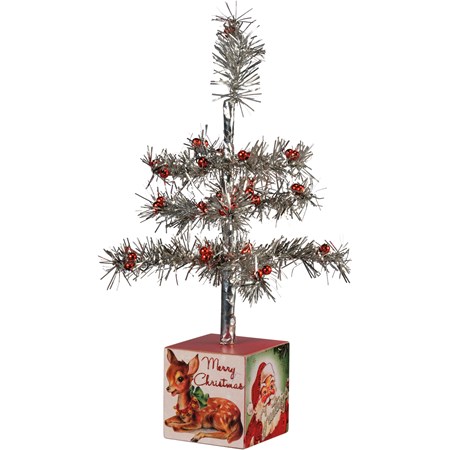 Tree - Vintage Santa - 5.25" x 13" x 5.25" - Wood, Paper, Tinsel, Glass, Glitter