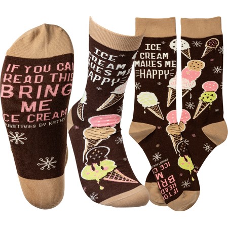 Socks - Ice Cream Makes Me Happy - One Size Fits Most - Cotton, Nylon, Spandex