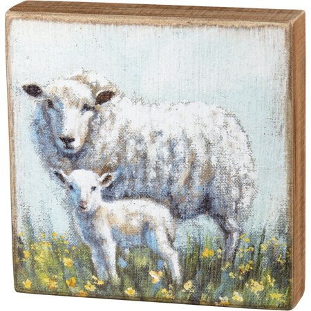 Box Sign - Sheep And Lamb - 8" x 8" x 1.75" - Wood