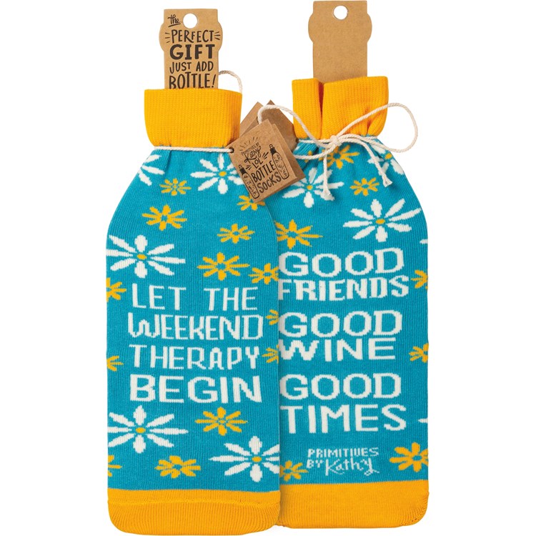 Bottle Sock - Let The Weekend Therapy Begin - 3.50" x 11.25", Fits 750mL to 1.5L bottles - Cotton, Nylon, Spandex