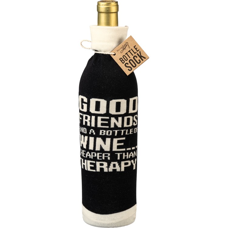 Good Friends And A Bottle Of Wine Bottle Sock - Cotton, Nylon, Spandex