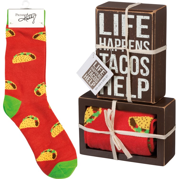 Life Happens Tacos Help Box Sign And Sock Set - Wood, Cotton, Nylon, Spandex, Ribbon