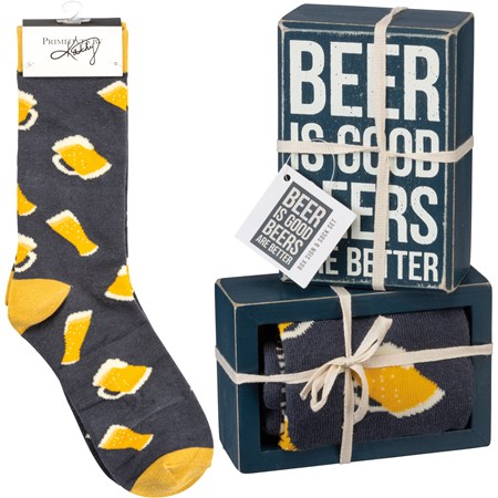 Box Sign & Sock Set - Beers Are Better - Box Sign: 3" x 4.50" x 1.75", Socks: One Size Fits Most - Wood, Cotton, Nylon, Spandex, Ribbon