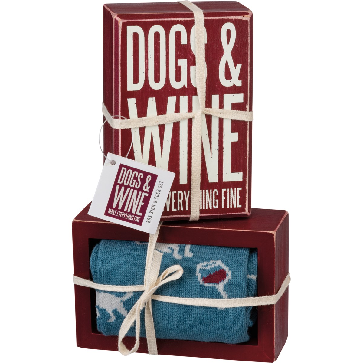 Box Sign & Sock Set - Dogs And Wine  - Box Sign: 3" x 4.50" x 1.75", Socks: One Size Fits Most - Wood, Cotton, Nylon, Spandex, Ribbon
