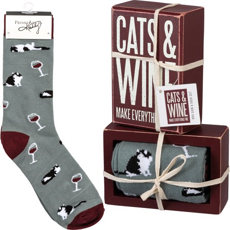 Box Sign & Sock Set - Cats And Wine - Box Sign: 3" x 4.50" x 1.75", Socks: One Size Fits Most - Wood, Cotton, Nylon, Spandex, Ribbon